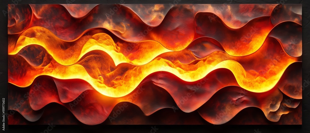 Poster painting of a wave with a red and orange color scheme. the painting is abstract and has a fiery, int