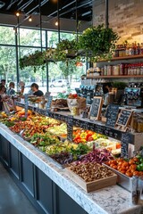 A Vibrant Salad Bar in a Modern Restaurant, Showcasing Fresh Ingredients and Colorful Vegetables, Inviting Customers to Enjoy Healthy Dining Options
