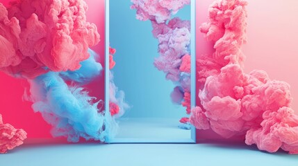Abstract pink and blue smoke with geometric mirror