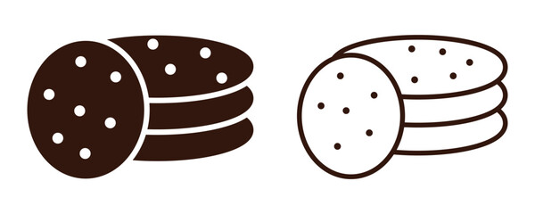 Cookie icons, vector logo design. Chocolate chip cookie icon for food apps and websites. Outline style and black filled symbol cookie icon, vector isolated on white background. Vector illustration.
