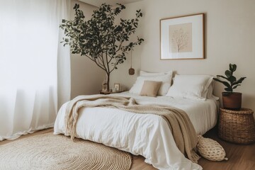 Minimalist bedroom neutral color palette cozy bed with white linens