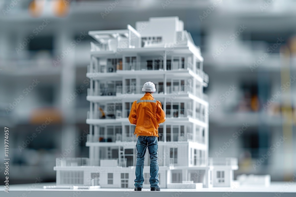 Poster a man standing in front of a scale model of a building, perfect for architecture or urban planning p