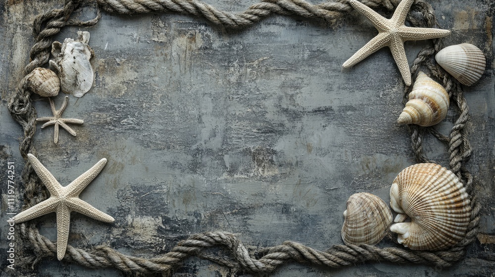 Poster abstract gray nautical background with starfish seashells and rustic rope framing a textured surface