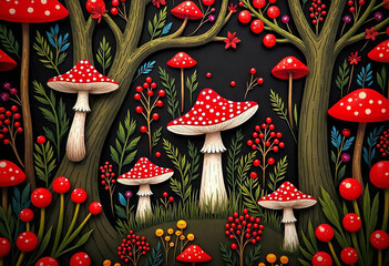 Illustration of a dark forest with red fly agarics and berries