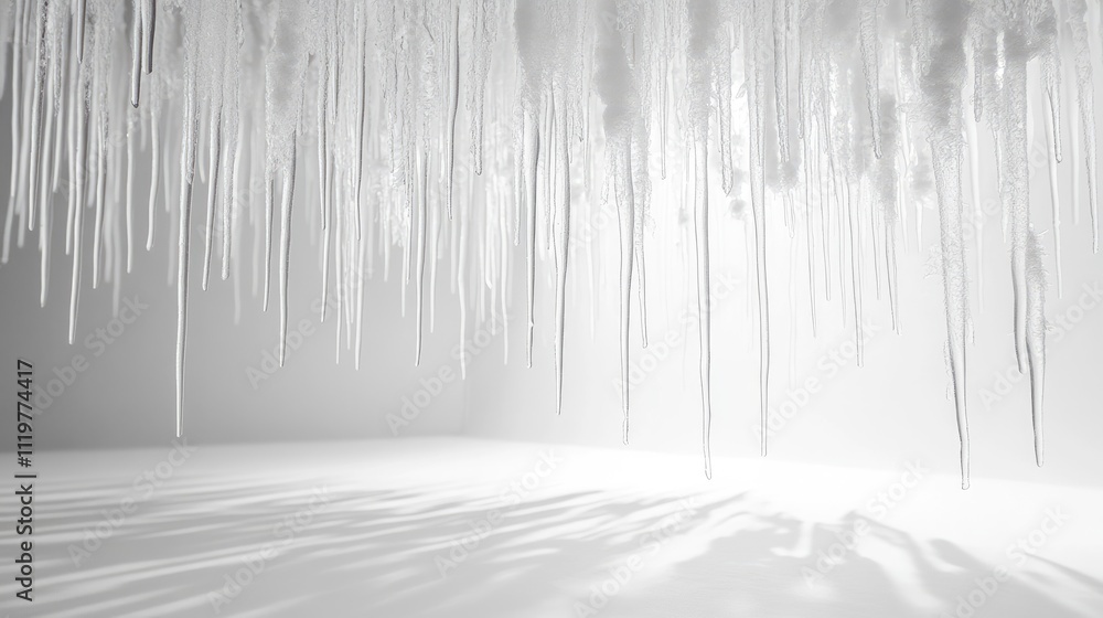 Poster abstract icicles hanging in a minimalist white environment creating a serene winter atmosphere with 