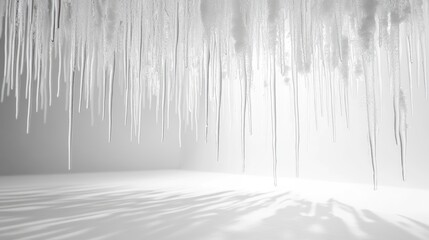 Fototapeta premium Abstract icicles hanging in a minimalist white environment creating a serene winter atmosphere with subtle shadows and textures
