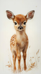 Watercolor masterpiece featuring a baby deer, pastel colors, soft, dreamy atmosphere, Bohemian style, isolated on white