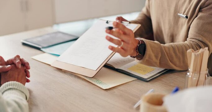 Writing, clipboard and people hands with notes, client and signature for legal work consultation. Attorney, registration and notary notebook with office paper and business paperwork at lawyer job
