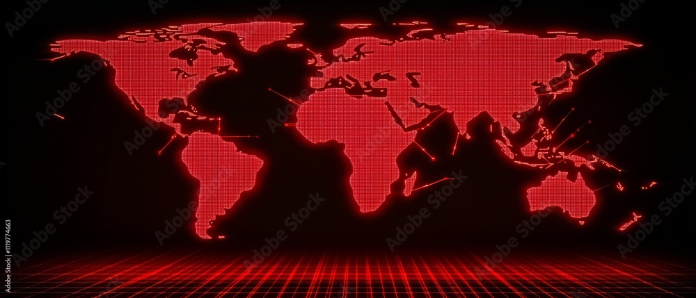 Poster red background with a globe on it. the globe is surrounded by a red border and has a lot of numbers 