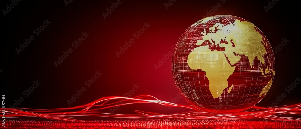 Poster red background with a gold globe on it. the globe is surrounded by a red line. the globe is the main