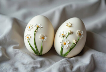 Easter eggs on a light background decorated with white flowers