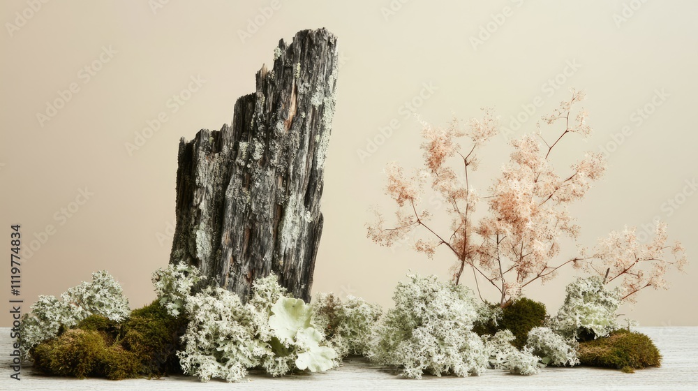 Poster abstract natural composition featuring lichen moss and aged wood on a neutral background with ample 
