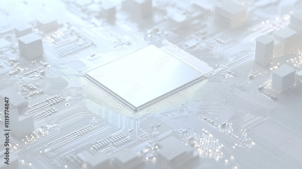 Aufkleber a white square in the center of a circuit board with some wires and chips around it, 3d rendering st