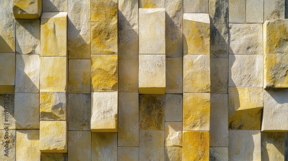 Poster abstract stone wall design featuring vertical elements with shadows and textures highlighting yellow