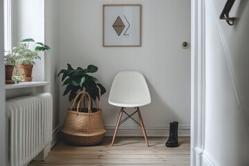 Minimalist entryway Scandinavian design white walls wooden floor