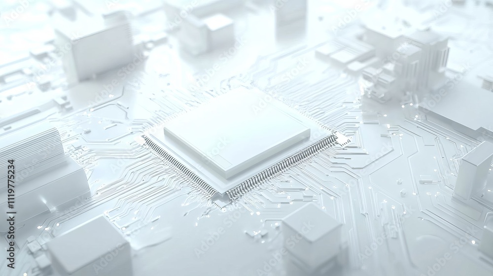 Aufkleber a white square in the center of a circuit board with some wires and chips around it, 3d rendering st