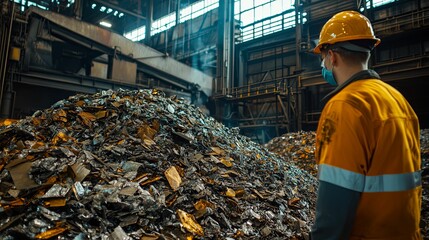 Industrial Worker Observing A Scrap Metal Pile
