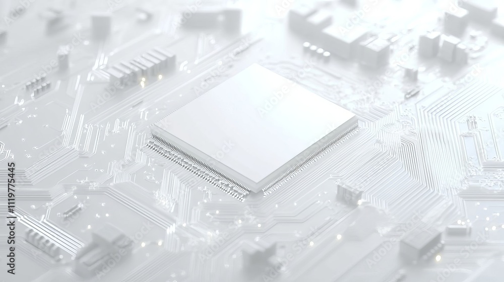 Aufkleber a white square in the center of a circuit board with some wires and chips around it, 3d rendering st