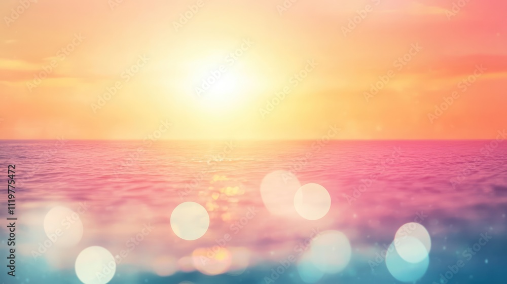 Poster serene abstract ocean sunset with vibrant colors and soft bokeh effects creating a calming atmospher
