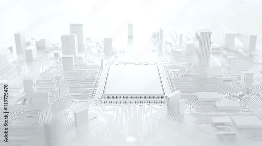 Aufkleber a white square in the center of a circuit board with some wires and chips around it, 3d rendering st