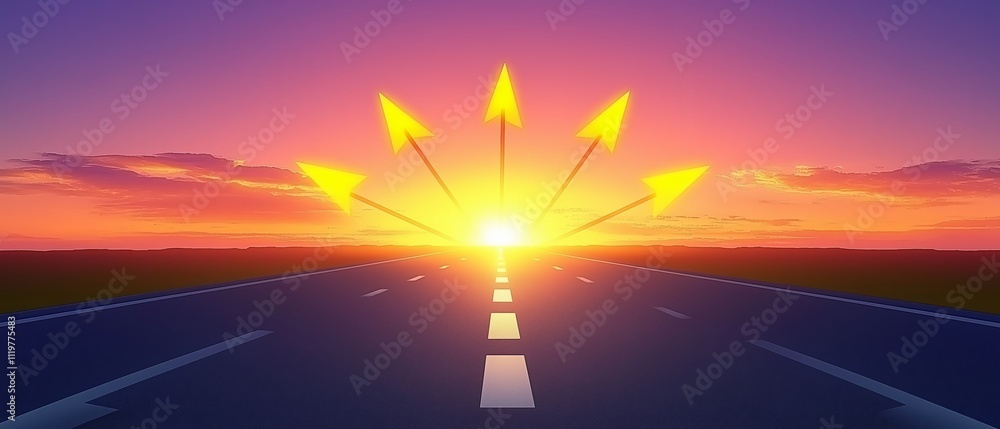Poster road with a sunset in the background and five arrows pointing to the sun. the road is empty and the 