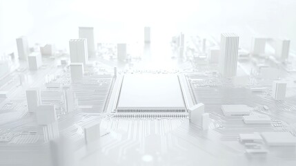 A white square in the center of a circuit board with some wires and chips around it, 3D rendering style, simple background, futuristic technology feel.
