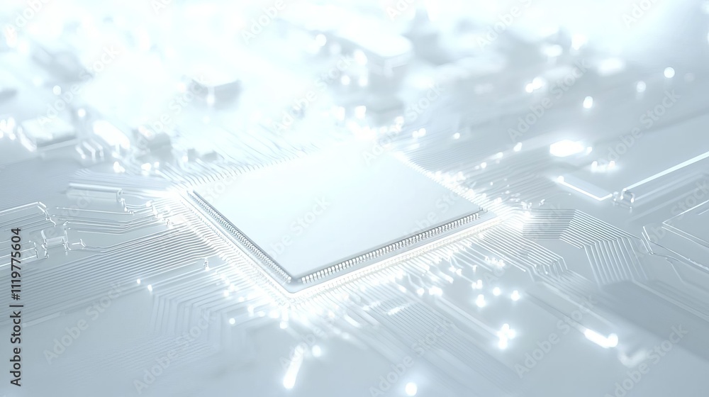 Aufkleber a white square in the center of a circuit board with some wires and chips around it, 3d rendering st