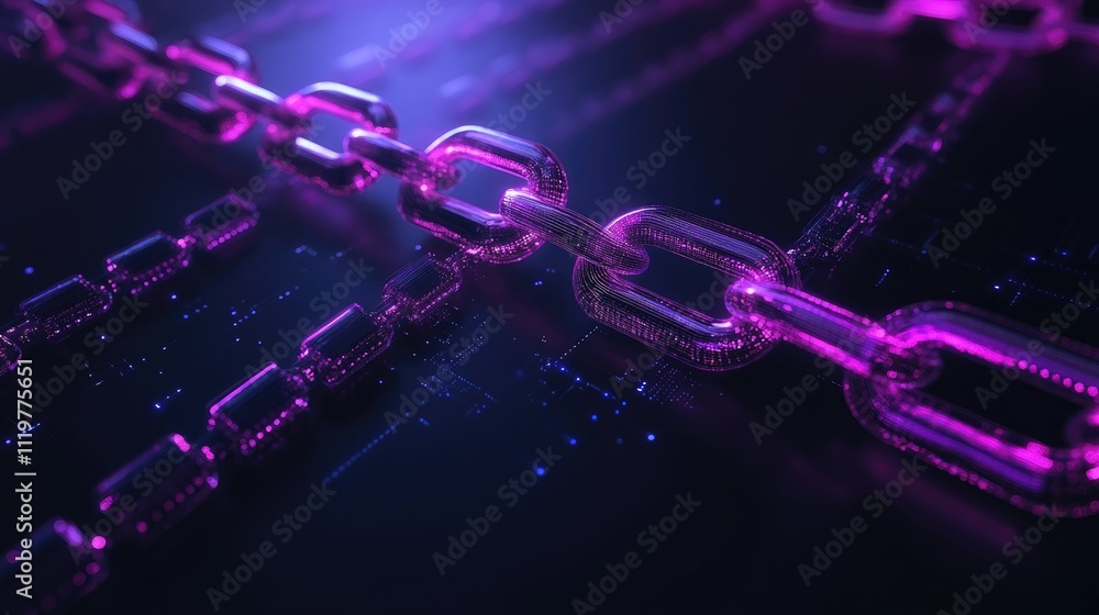 Poster abstract visual representation of blockchain technology with glowing chains on a dark background sym