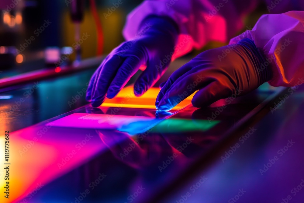Poster hands in gloves manipulating colorful light on transparent film in laboratory environment with vibra