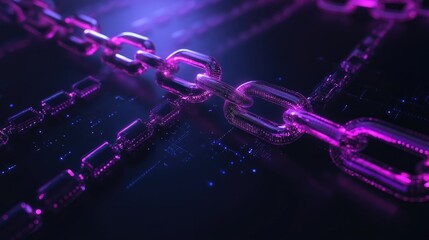Abstract visual representation of blockchain technology with glowing chains on a dark background symbolizing data security and connectivity.