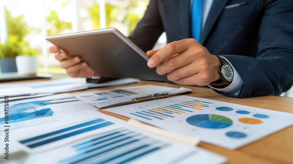 Poster business professional analyzing financial reports with tablet while sitting at desk surrounded by gr