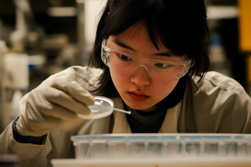 Young Female Scientist in a Laboratory Conducts Experiment with Precision, Wearing Safety Gear and Focused on Small Sample in Petri Dish at Research Facility