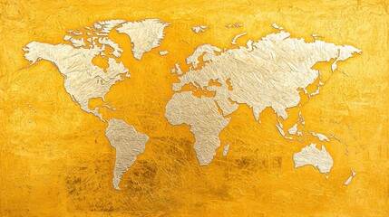 Artistic map of the world on a golden textured background, symbolizing global unity.