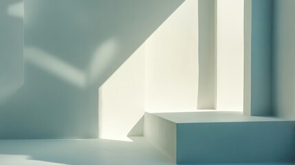 Fototapeta premium Abstract minimalistic interior with white geometric shapes and soft shadows creating a serene and modern atmosphere for design inspiration.