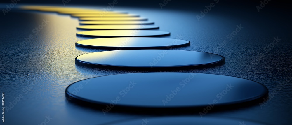 Poster series of blue and yellow circles are arranged in a line. the circles are all the same size and are 