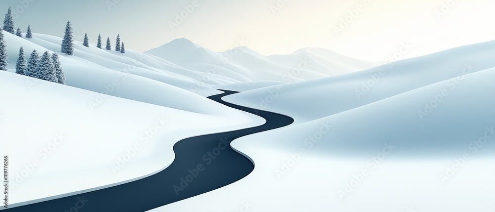 Poster snow covered mountain range with a river running through it. the scene is peaceful and serene, with 