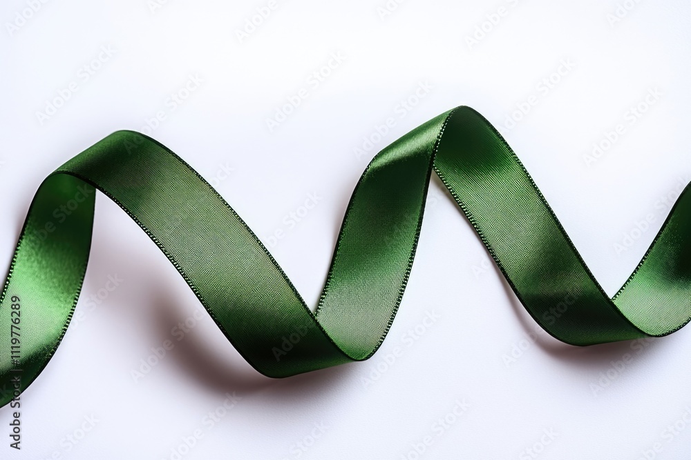 Poster a close-up shot of a green ribbon on a white surface, perfect for use in designs and projects where 