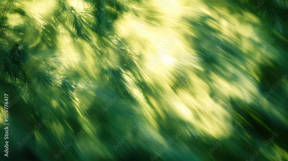 Poster abstract blur of green coniferous tree branches with soft sunlight creating a serene and tranquil na