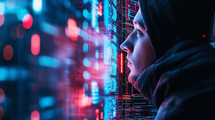 image depicts person in hoodie, gazing intently at digital interface filled with vibrant blue and red lights, suggesting theme of technology and data analysis. atmosphere conveys sense of focus and i