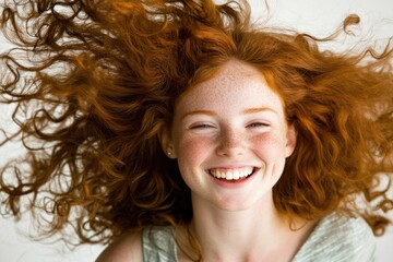 A happy woman with freckles on her hair smiling, suitable for use in advertising and marketing materials