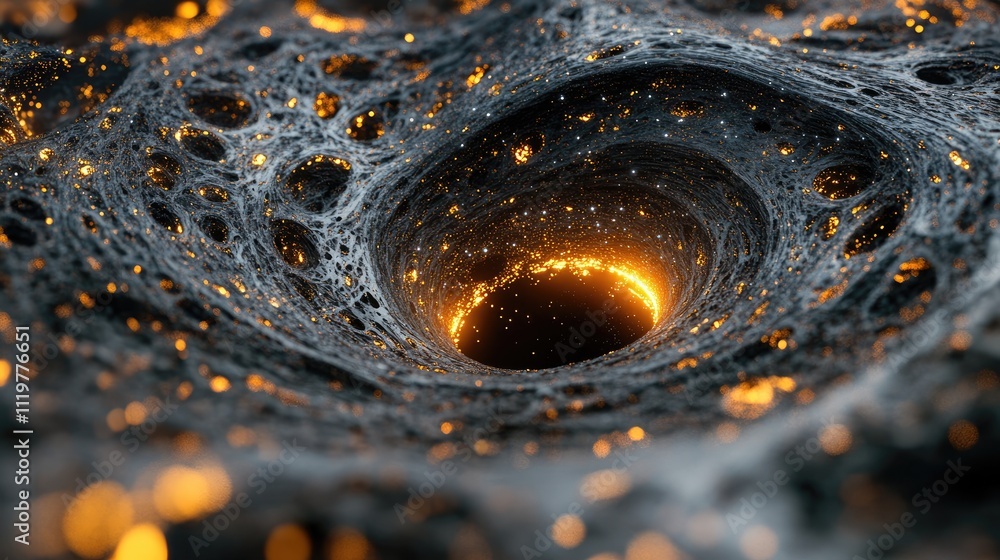 Poster cosmic black hole with glowing particles in 3d rendering showcasing an abstract space backdrop for s