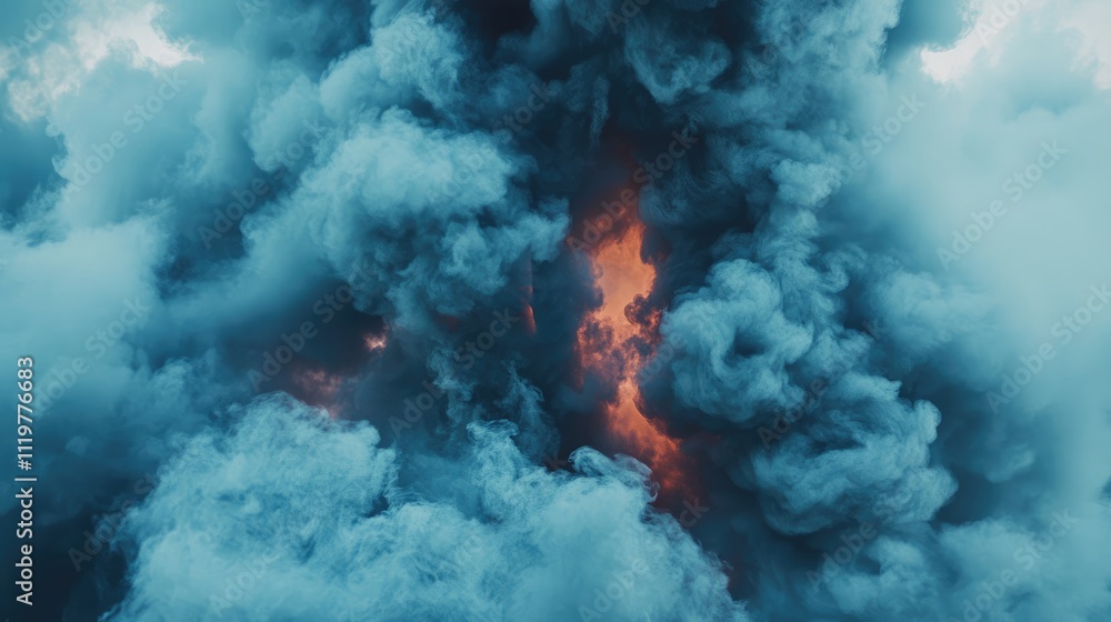 Poster vibrant dark smoke swirling with fiery hues against a soft light background creating an atmospheric 