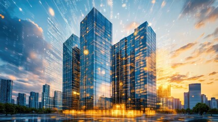 Obraz premium Abstract digital binary code overlay on urban skyline at sunset illustrating concepts of AI and machine learning in modern architecture.