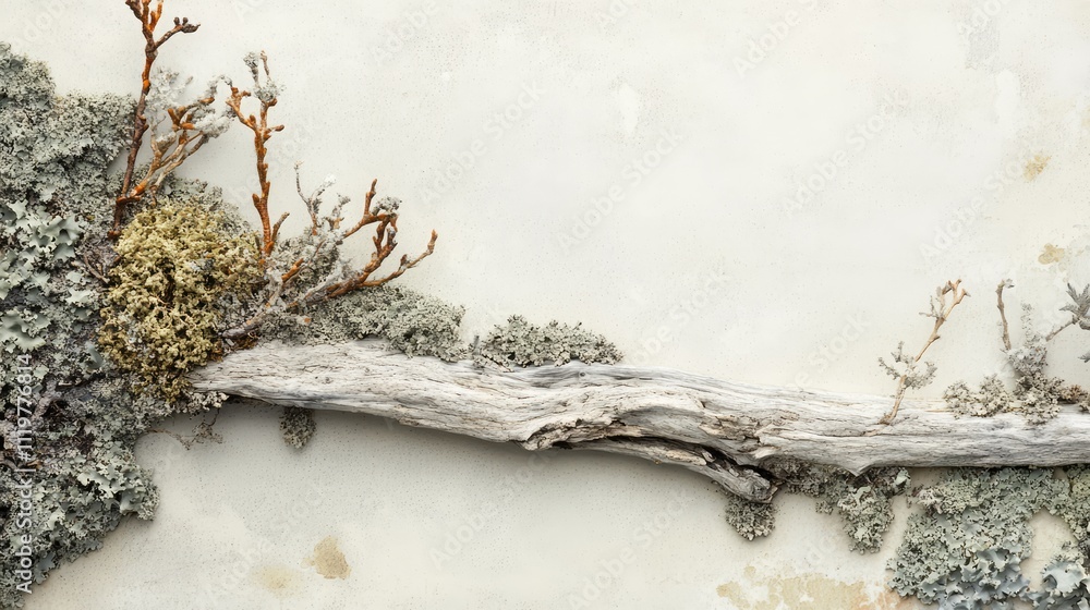 Aufkleber abstract natural composition featuring lichen moss and weathered wood against a soft beige backgroun