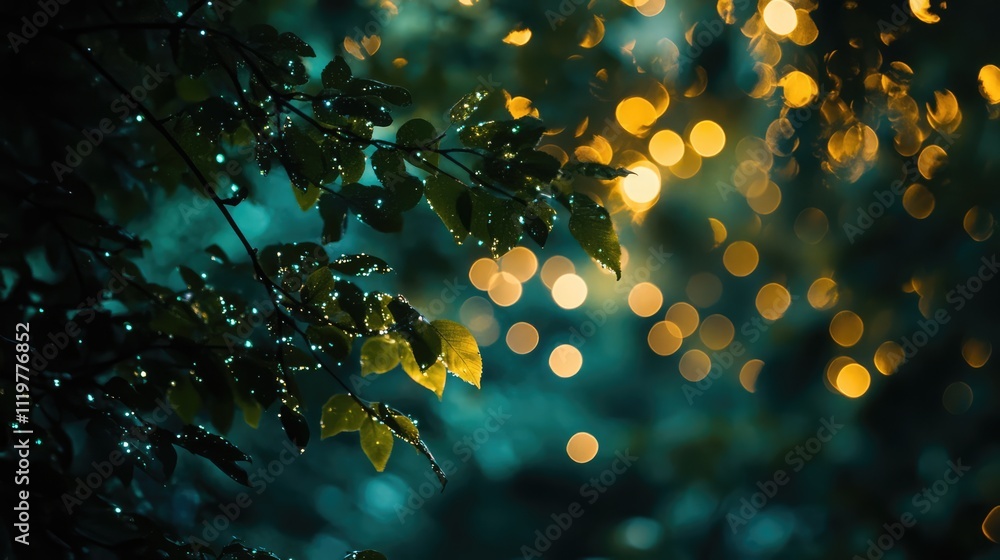 Poster enchanting bokeh light background with green leaves and warm glowing orbs creating a serene and magi