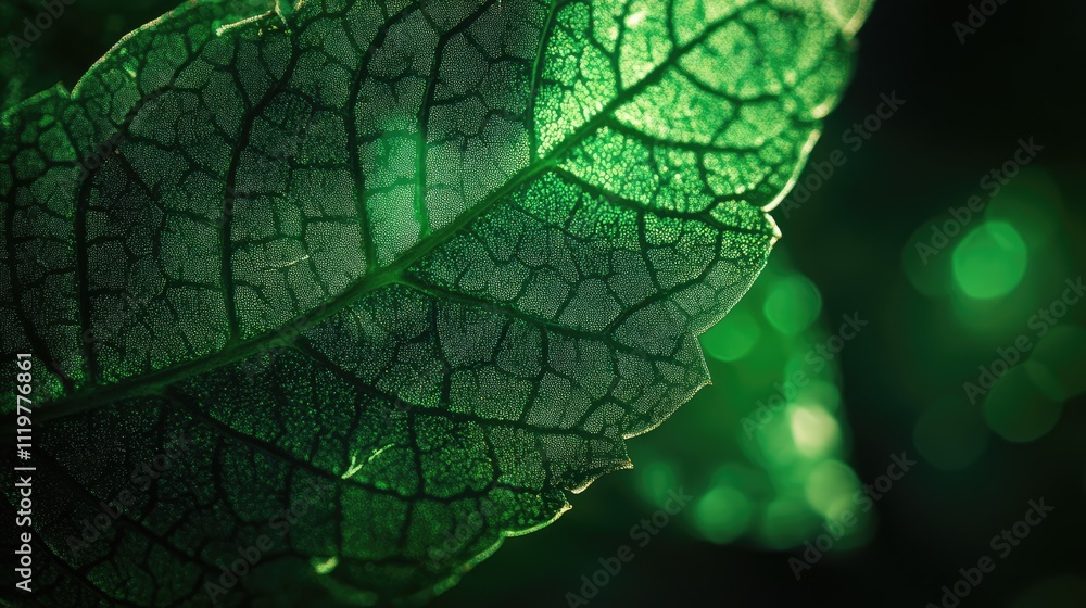 Poster close-up of green leaf texture with abstract bokeh background featuring natural light reflections an