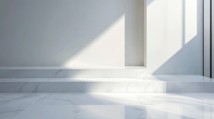 Obraz premium Minimalist interior scene featuring white geometric elements with soft shadows and light reflections on a marble surface.
