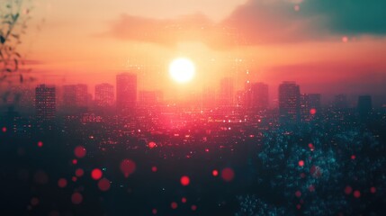 Abstract IoT hologram overlay on a blurred city skyline at sunset creating a futuristic digital atmosphere in multiexposure style.