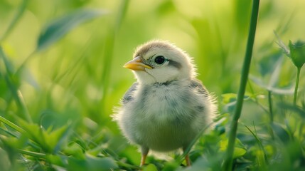 Charming young gray sparrow chick nestled in lush green grass surrounded by nature in a soft blurred background.