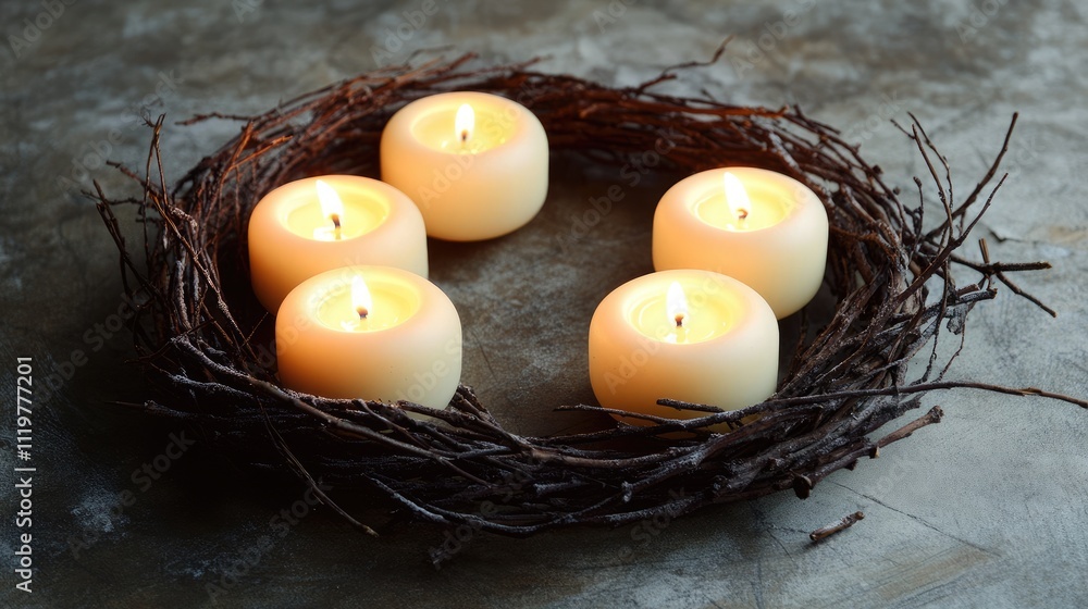 Poster advent wreath with five glowing candles made of natural branches creating a cozy festive atmosphere 
